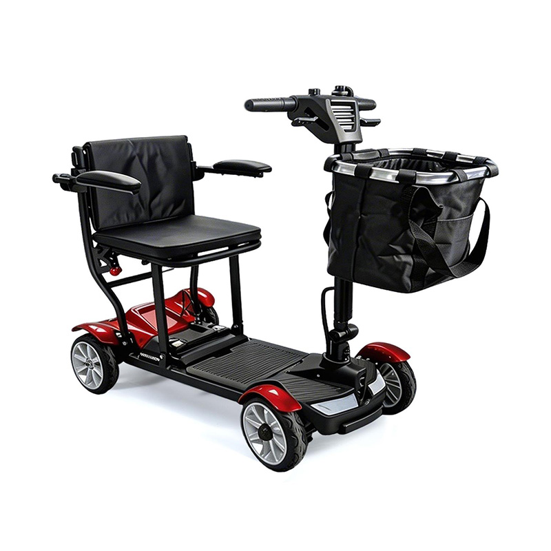 Mobility scooter loaded on exterior hitch-mounted lift attached to SUV rear hitch receiver